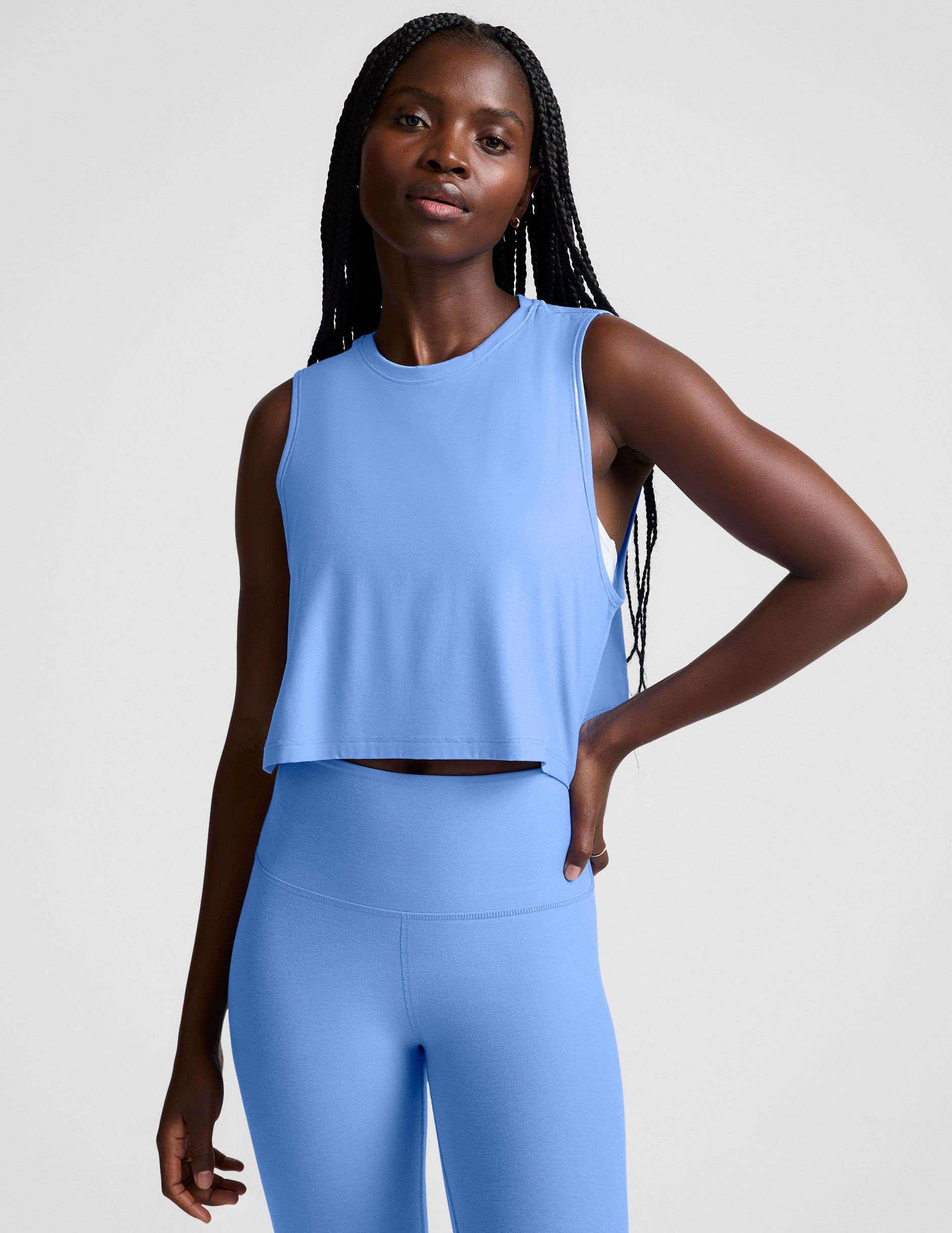 blue lightweight relaxed fit cropped tank top.