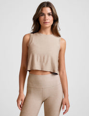 brown relaxed fit scoop neck cropped tank top.
