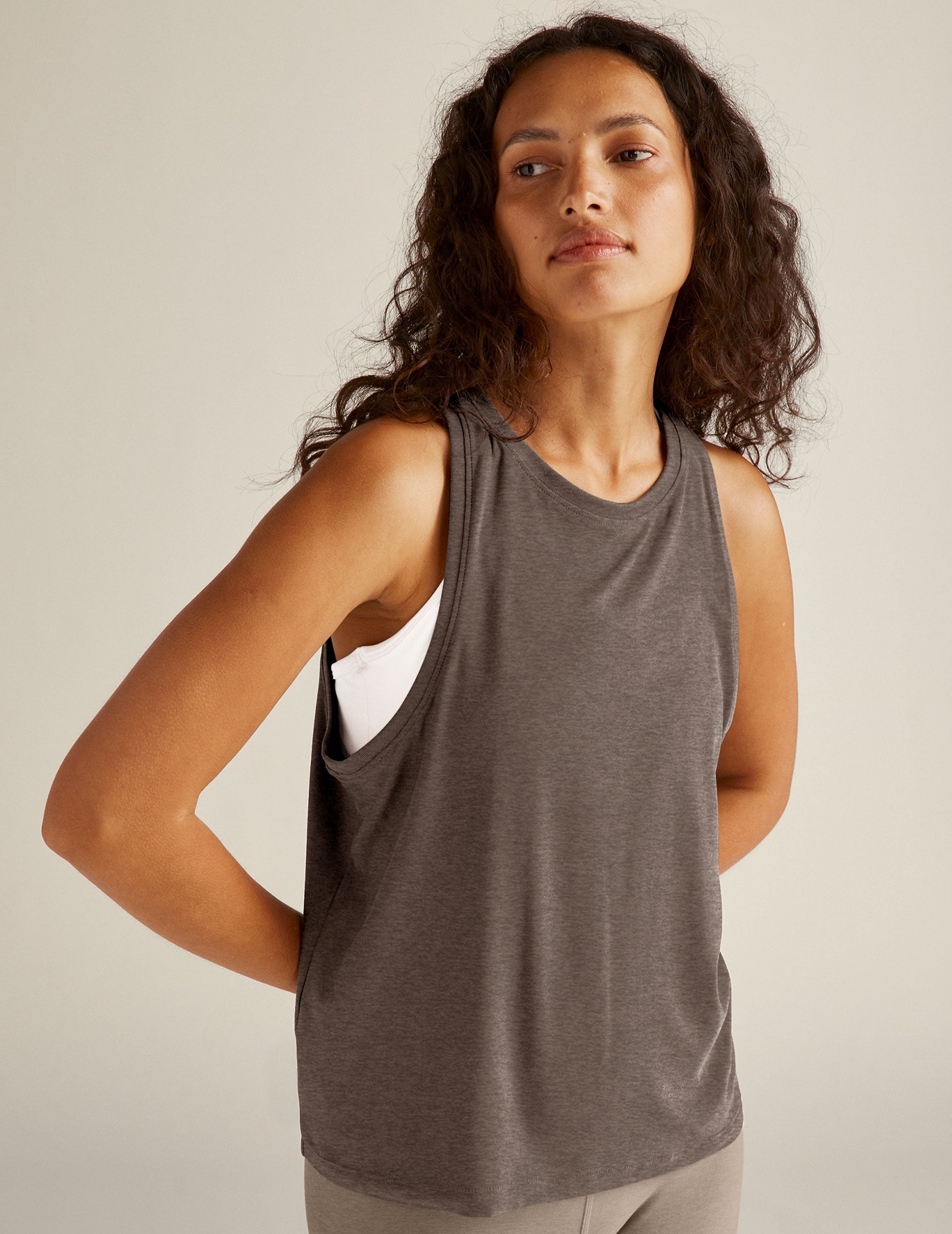 brown lightweight relaxed fit classic length tank top.