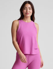 pink relaxed fit tank with a high front neckline and rib neckband and armhole bands.