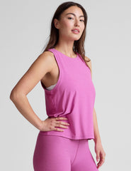 pink relaxed fit tank with a high front neckline and rib neckband and armhole bands.