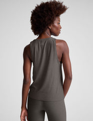 gray loose-fitting lightweight tank top with a high front neckline.