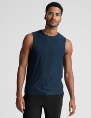 blue sleeveless mens muscle tank top with a ribbed collar.