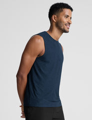 blue sleeveless mens muscle tank top with a ribbed collar.