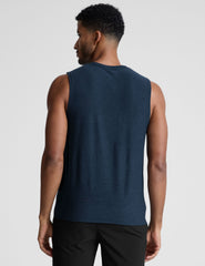 blue sleeveless mens muscle tank top with a ribbed collar.