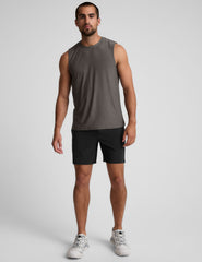 brown sleeveless mens muscle tank top with a ribbed collar.