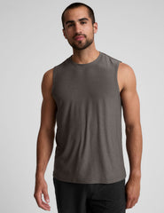 brown sleeveless mens muscle tank top with a ribbed collar.