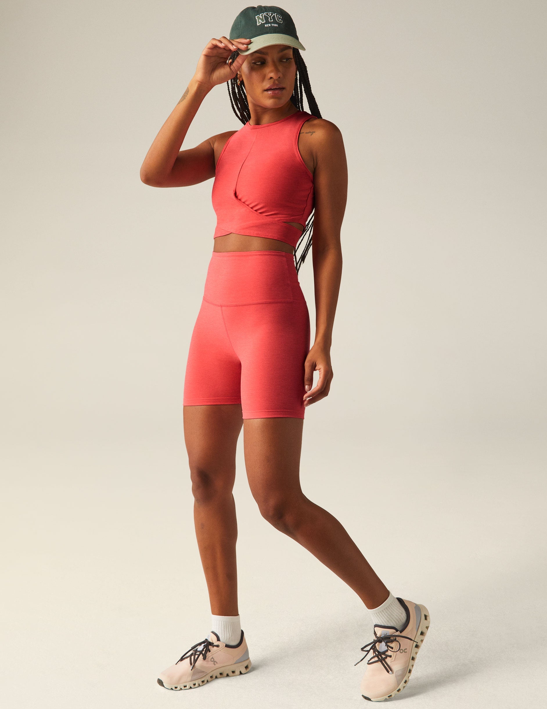 pink cropped tank with criss cross front