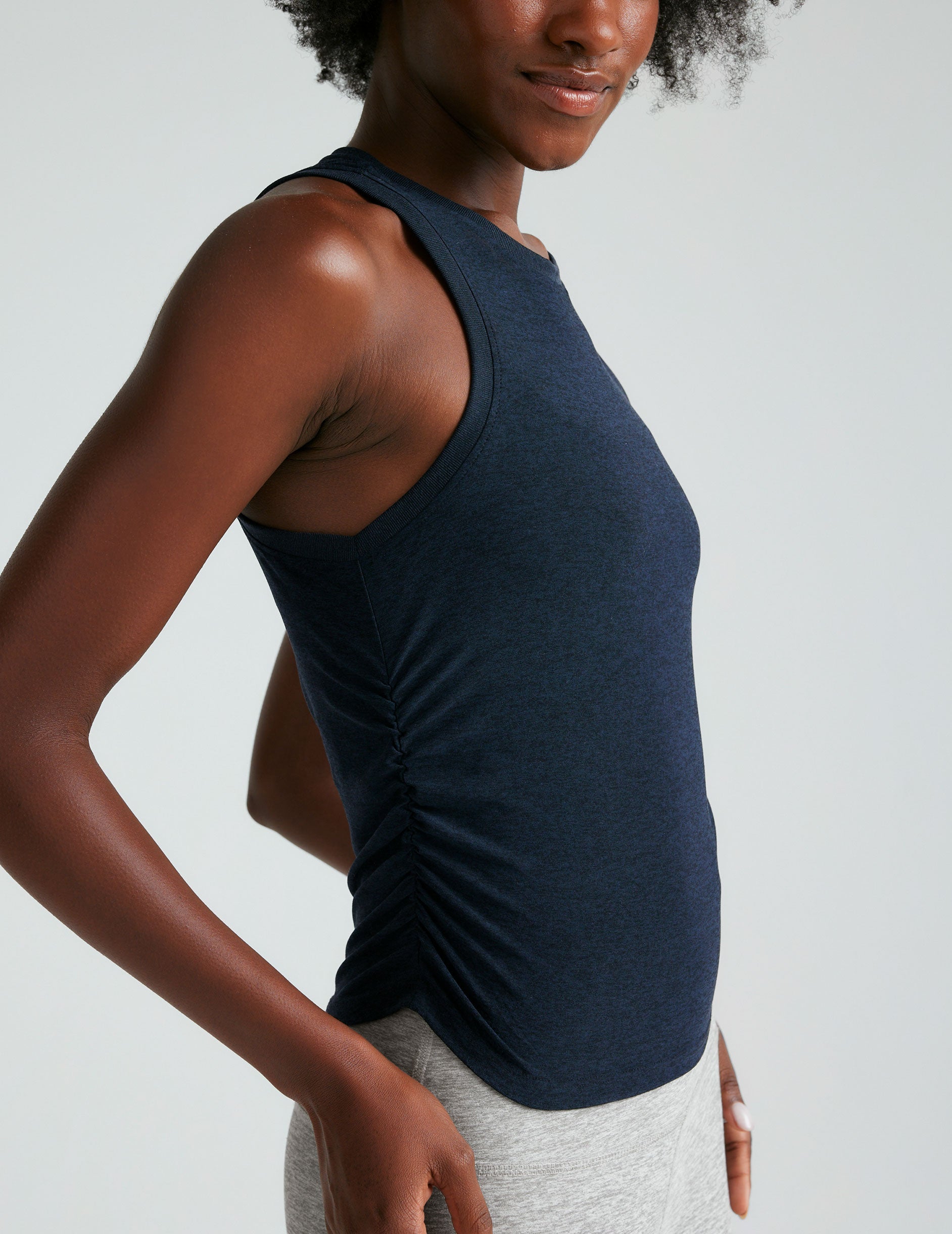 blue scoop neck shirred tank top.