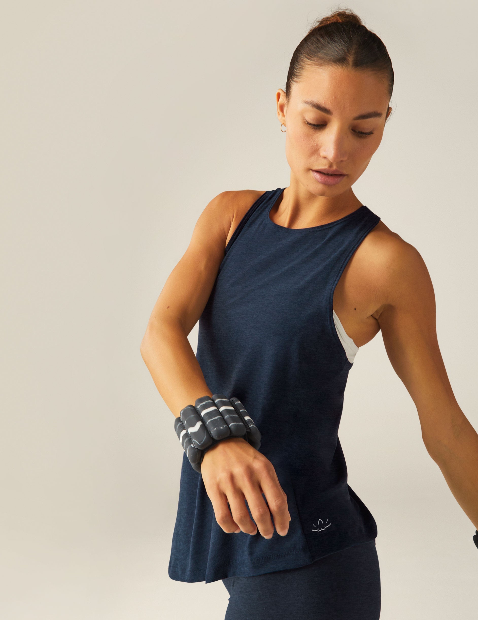 blue high scoop neck racerback tank top with a back keyhole with draping detail