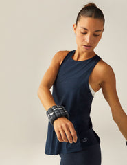 blue high scoop neck racerback tank top with a back keyhole with draping detail