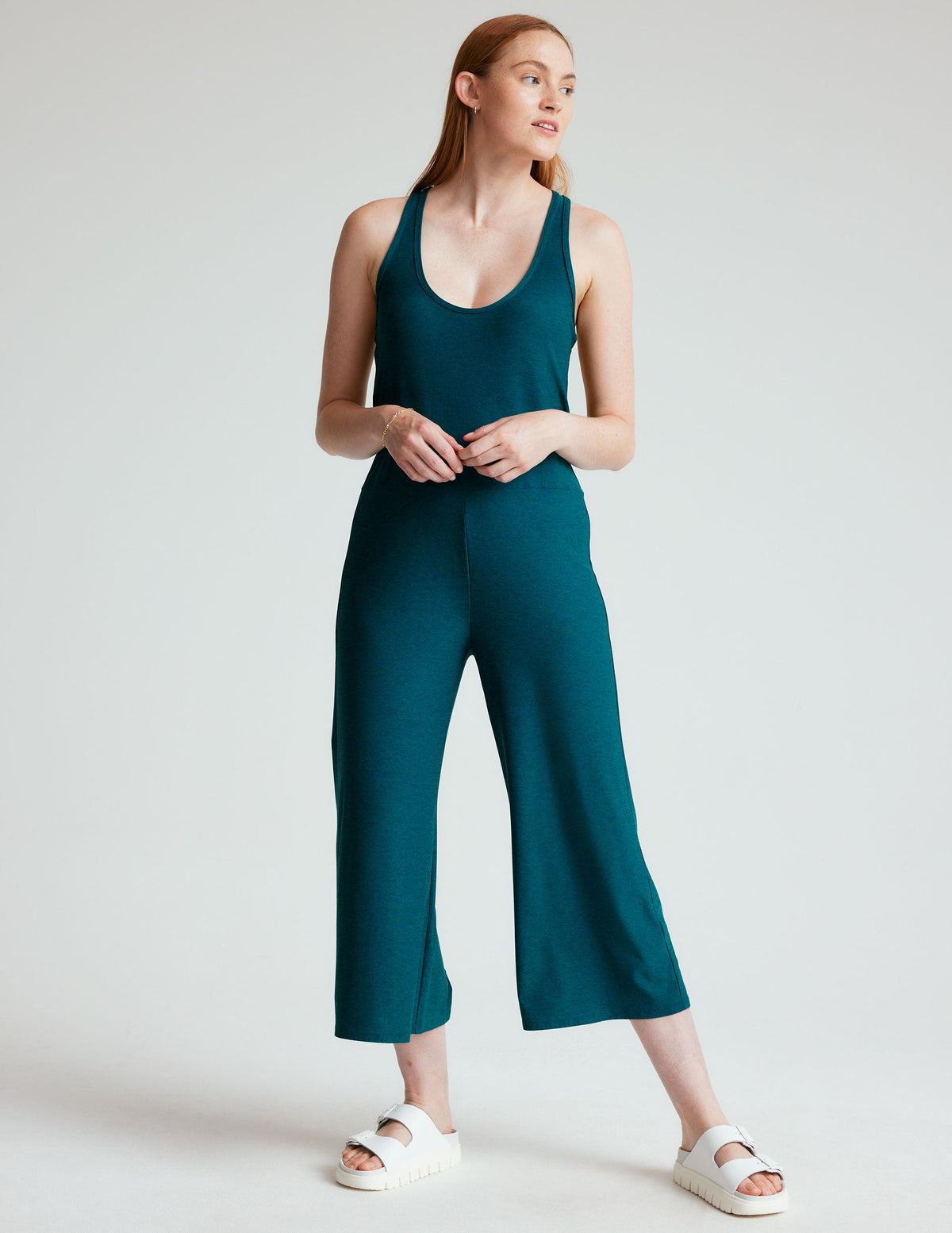 blue racerback loose fitting jumpsuit.