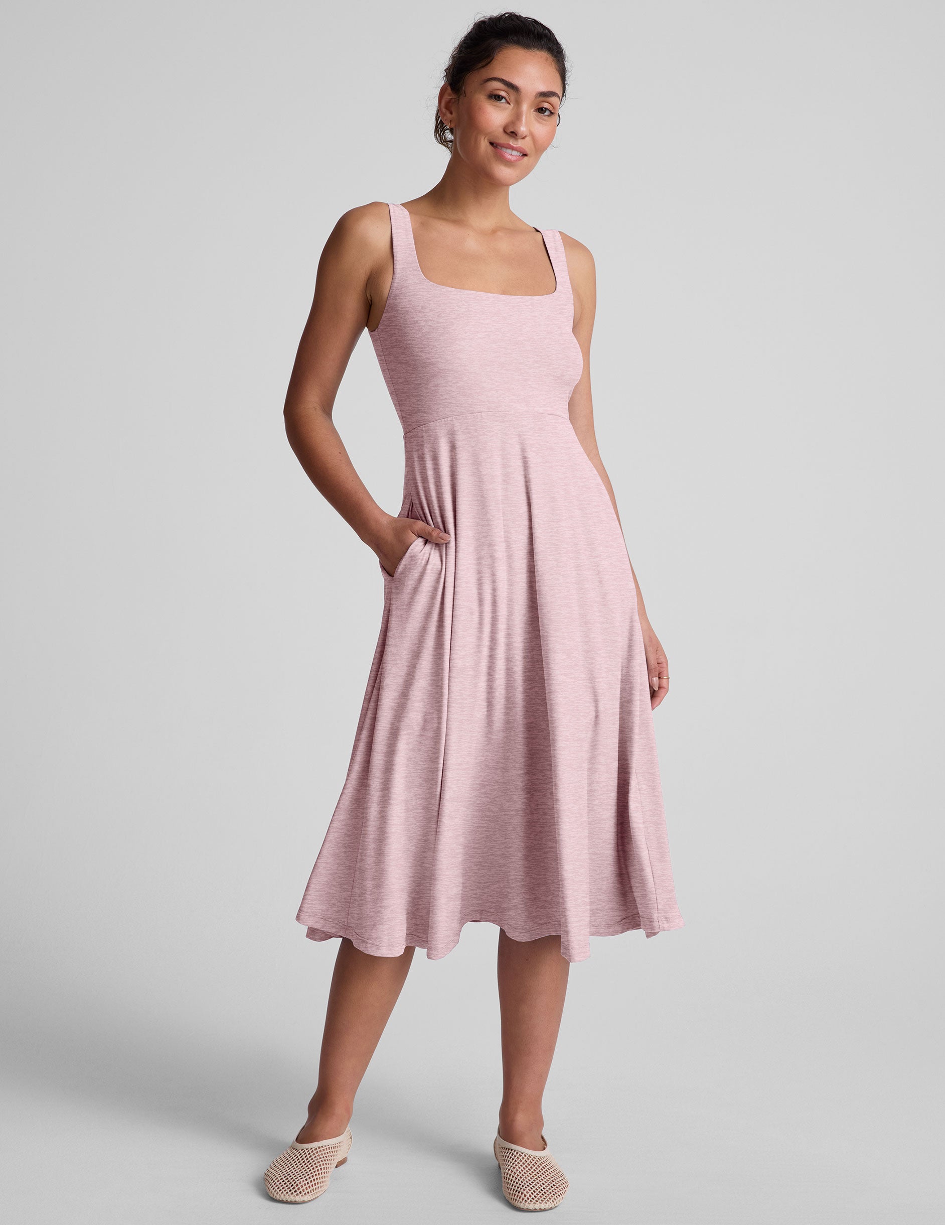 pink square neck midi dress with pockets.