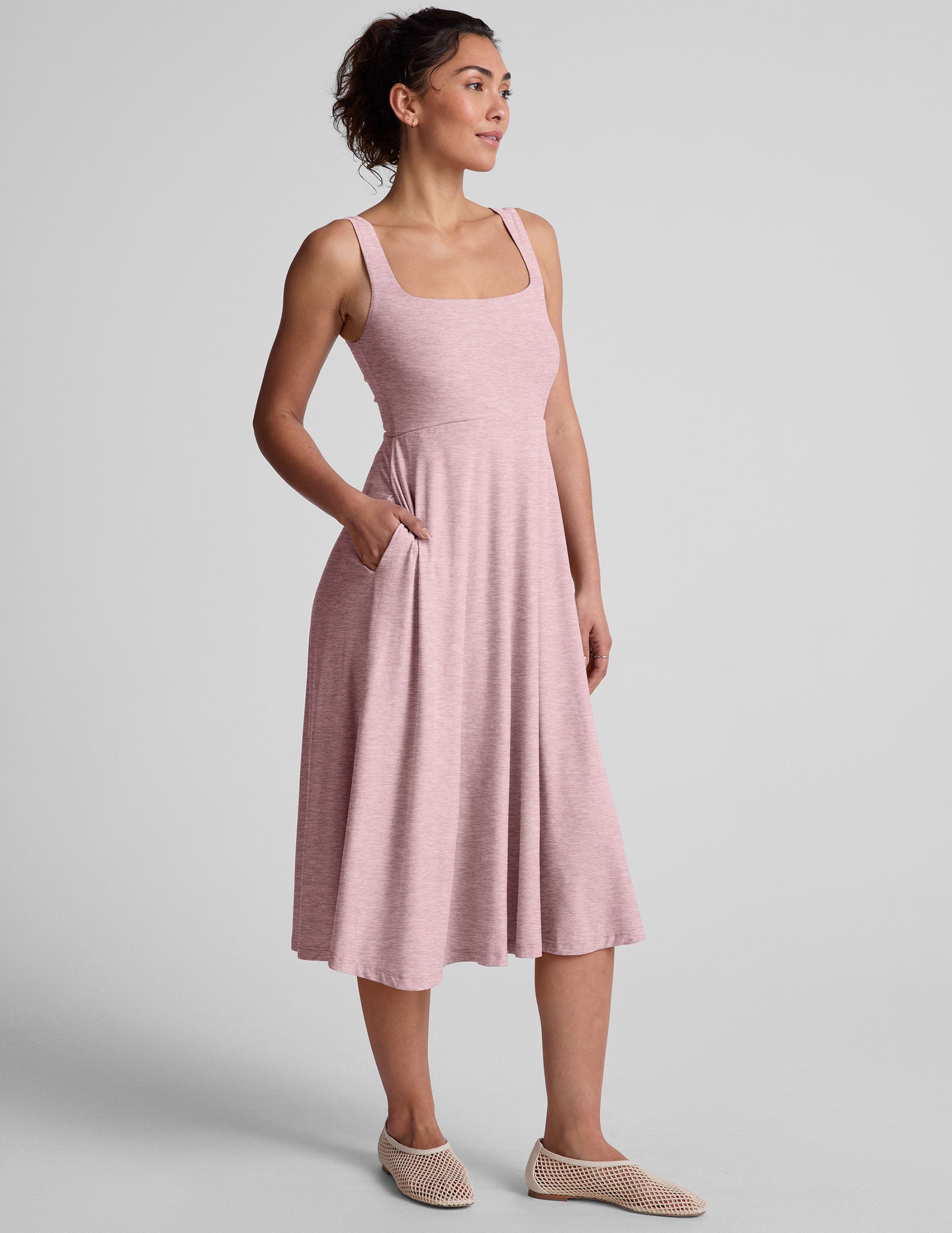 pink square neck midi dress with pockets.