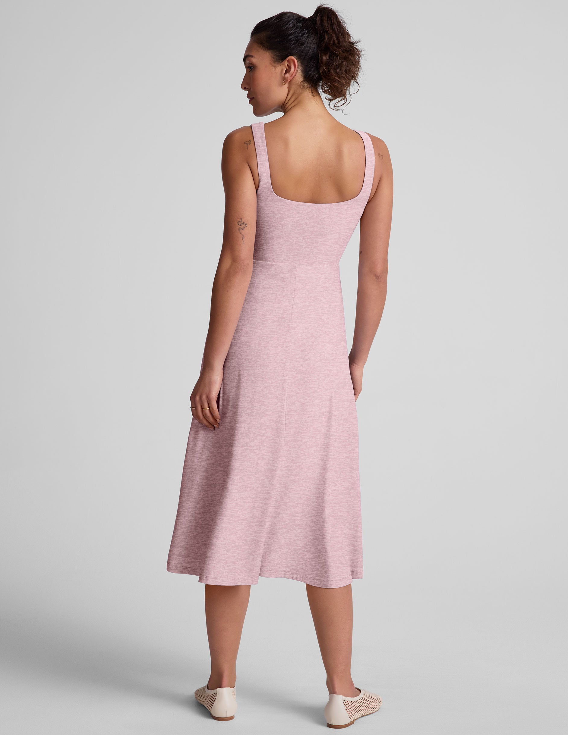 pink square neck midi dress with pockets.