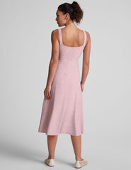 pink square neck midi dress with pockets.