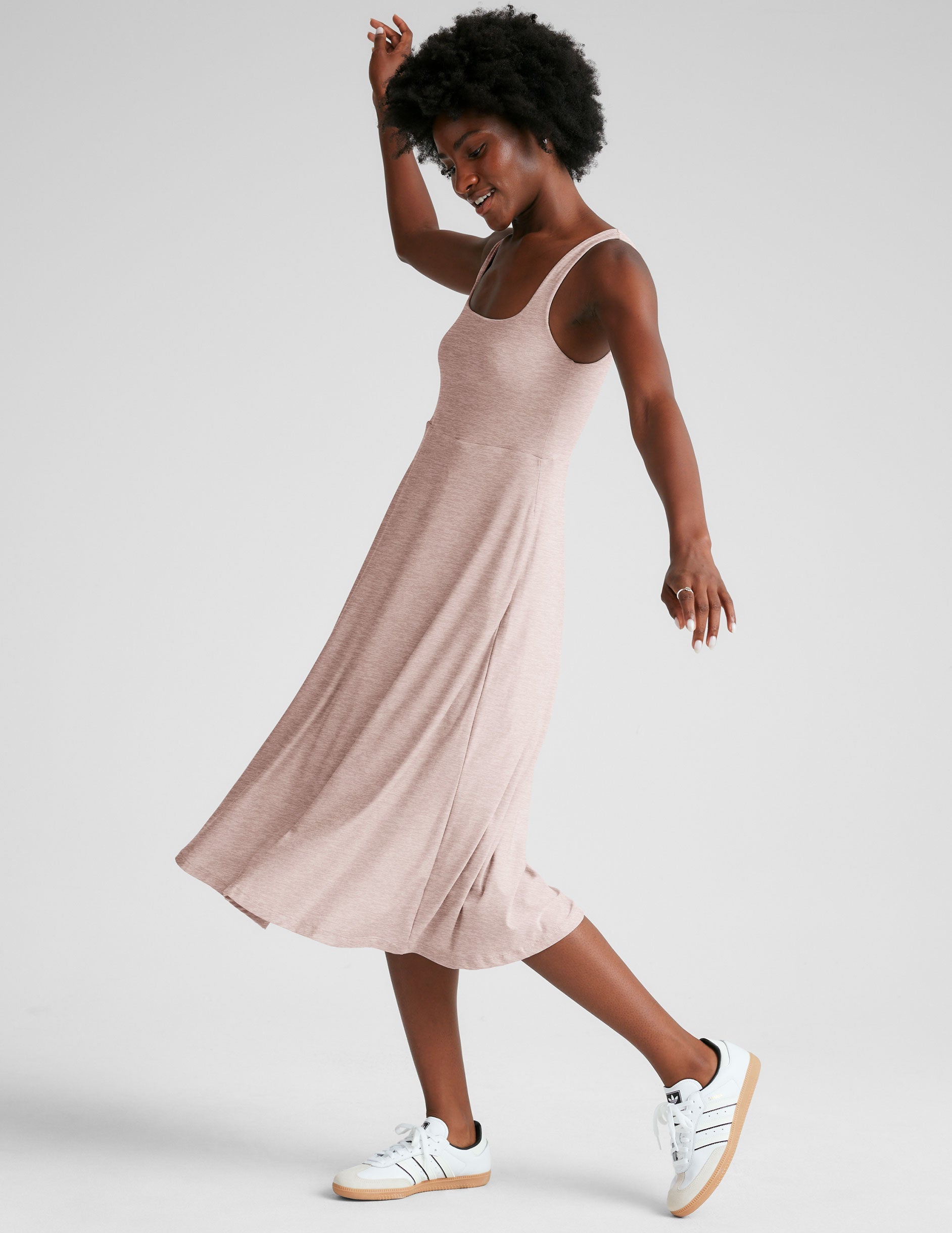 cream sleeveless midi loose fitting dress with square neckline and pockets