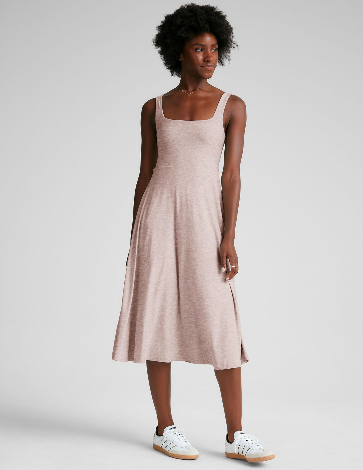 cream sleeveless midi loose fitting dress with square neckline and pockets