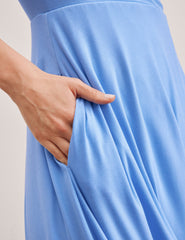 blue square neck midi length tank dress with pockets.