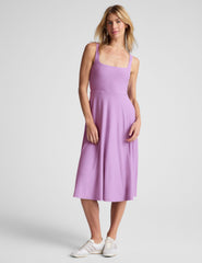purple midi length square neck dress.