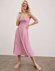 pink square neck tank midi length dress.