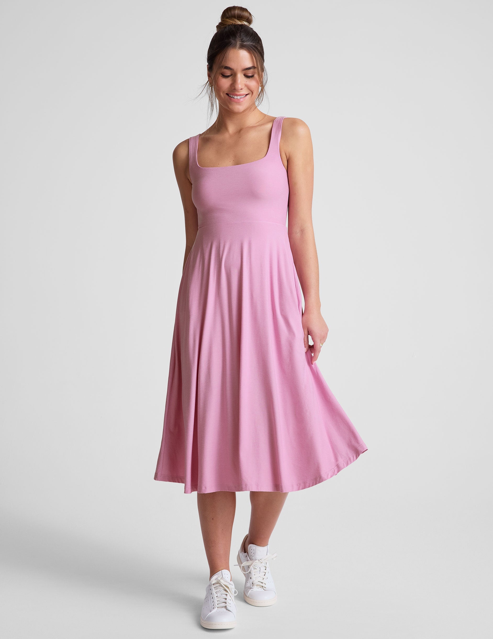 pink square neck tank midi length dress.