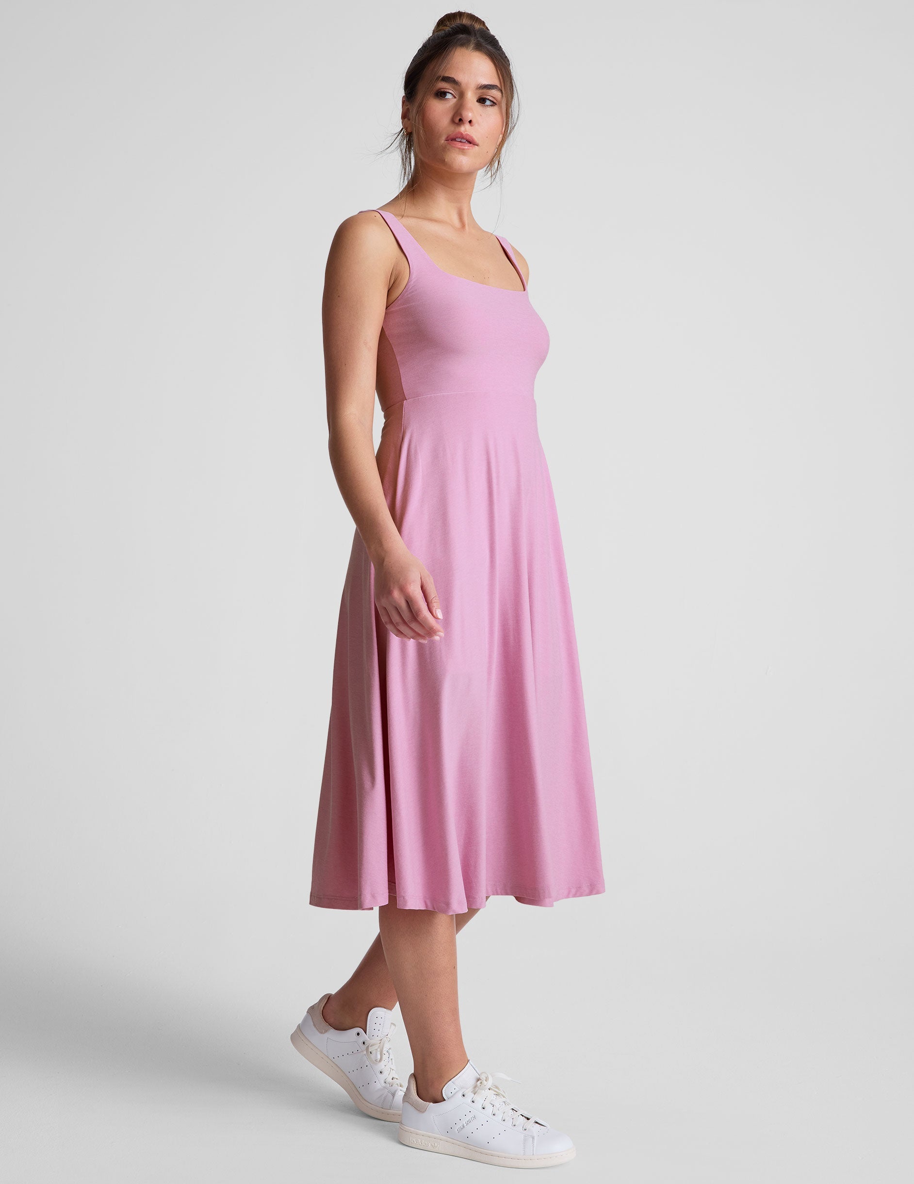 pink square neck tank midi length dress.