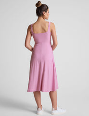 pink square neck tank midi length dress.