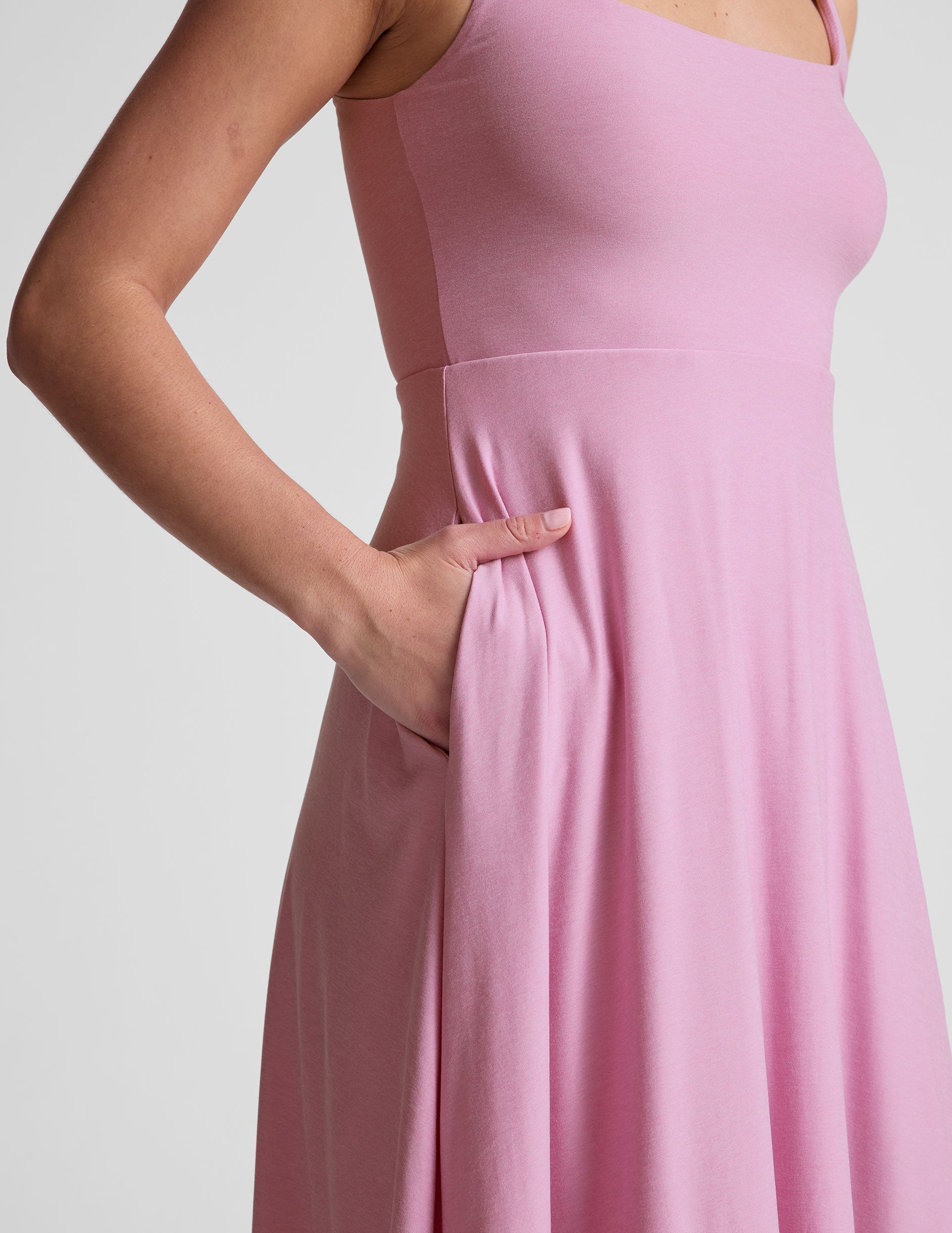 pink square neck tank midi length dress.