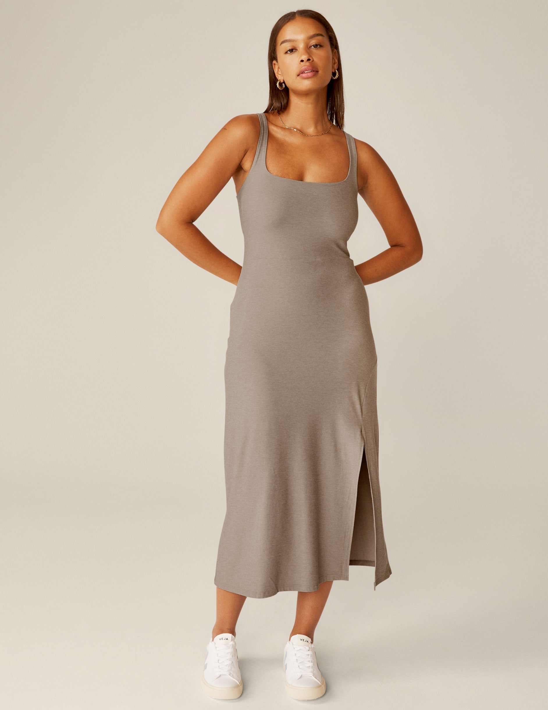 brown midi square neck dress with a front side slit.