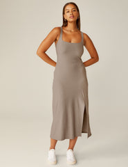 brown midi square neck dress with a front side slit.