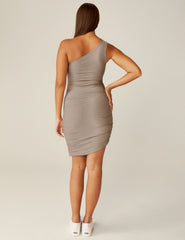 brown one-shoulder midi featherweight dress.