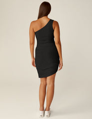 black one-shoulder midi featherweight dress.