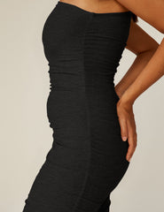 black one-shoulder midi featherweight dress.