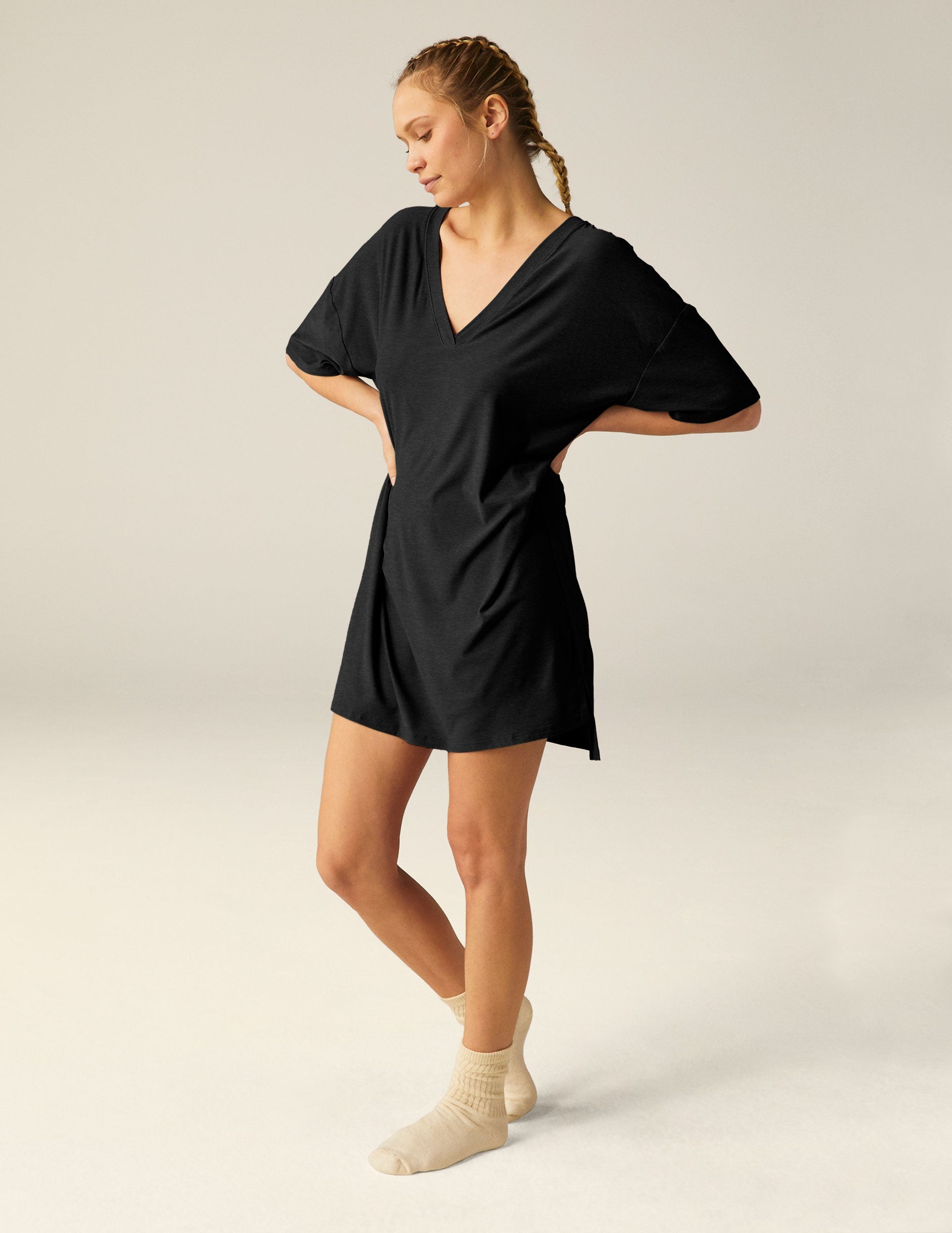 black v-neck oversized sleep t-shirt.