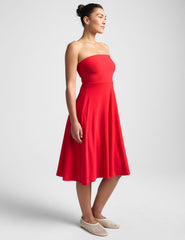 red strapless midi dress with pockets.