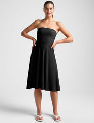 black strapless midi dress with pockets.