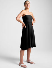 black strapless midi dress with pockets.