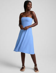 blue lightweight strapless midi length dress.
