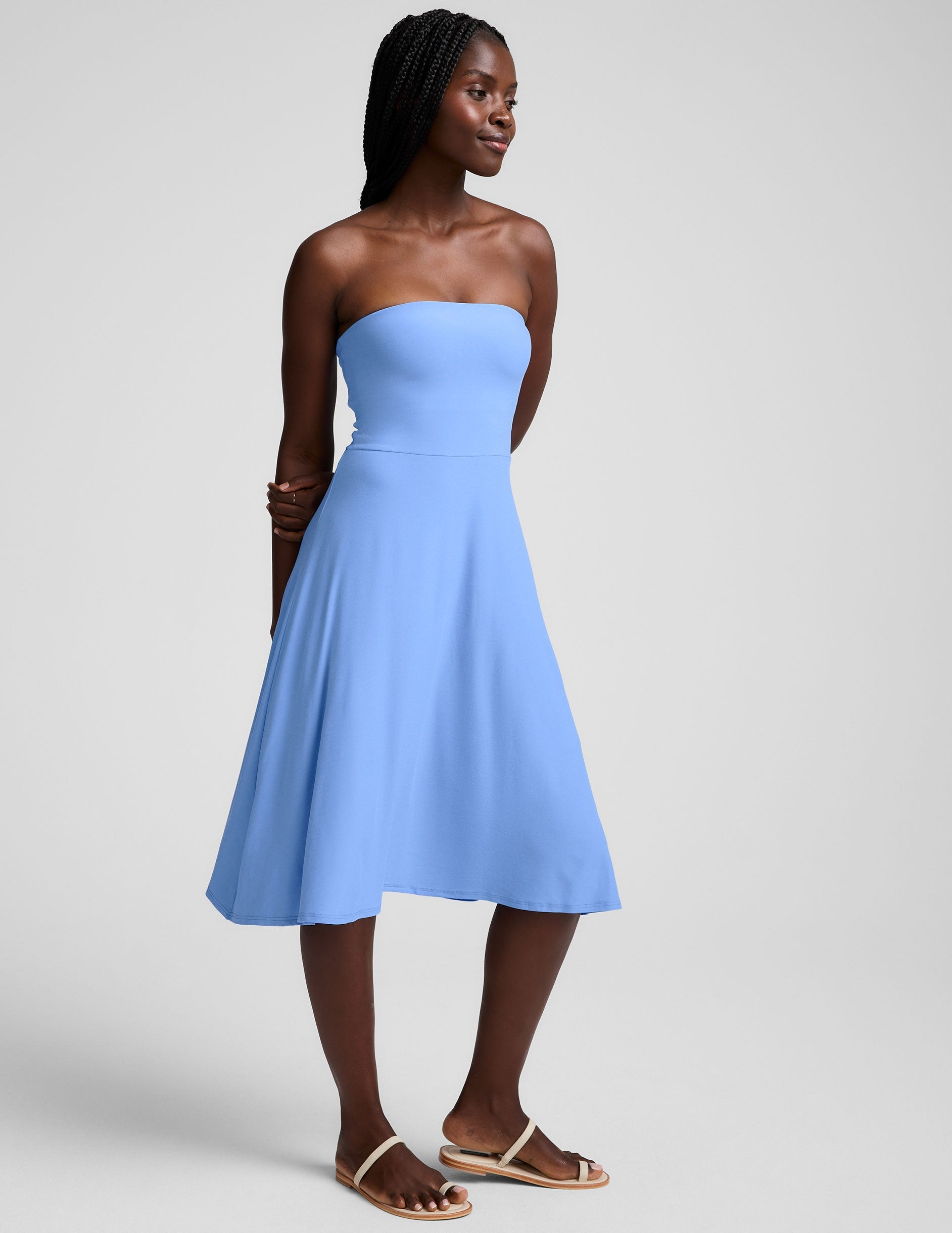blue lightweight strapless midi length dress.