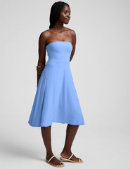 blue lightweight strapless midi length dress.