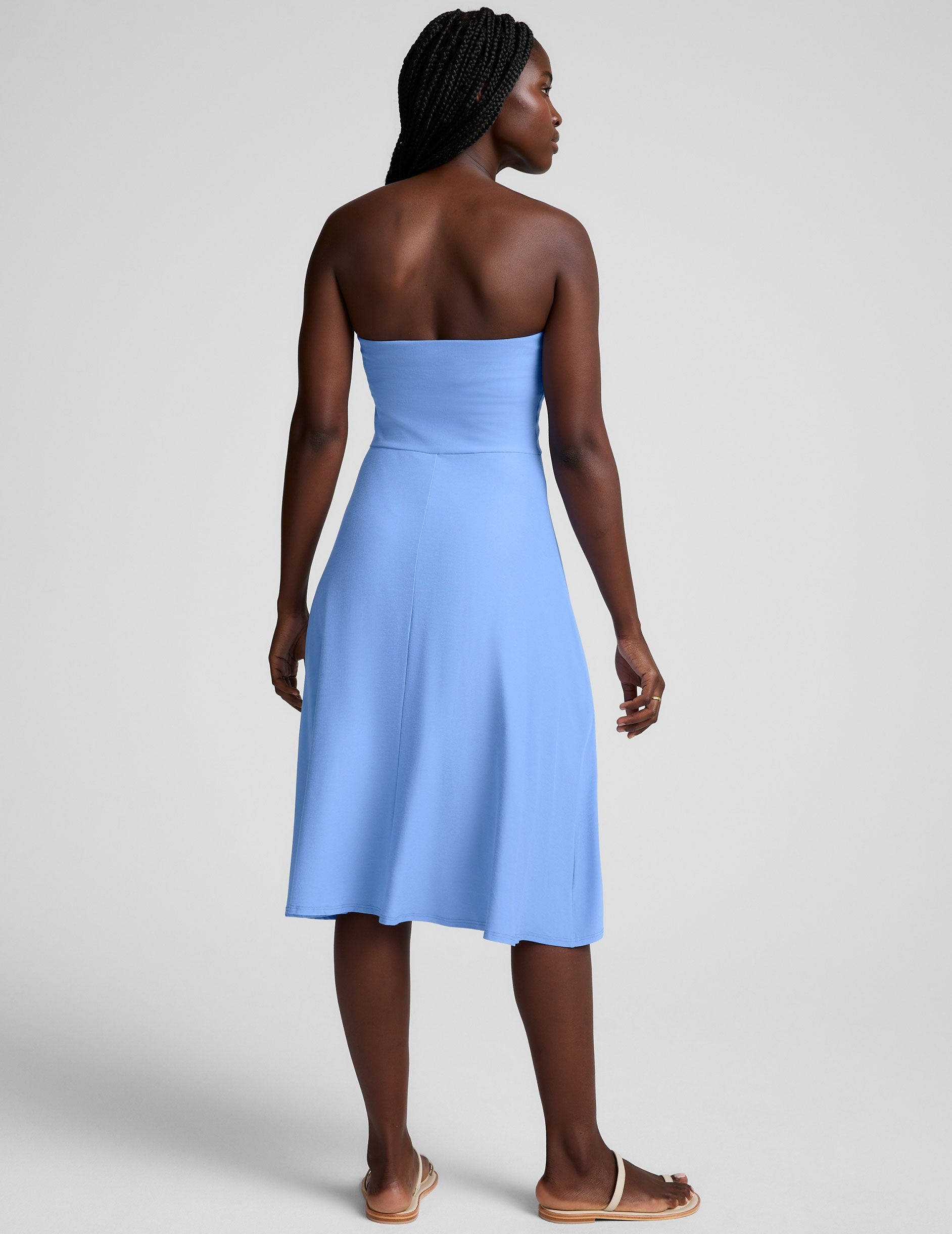 blue lightweight strapless midi length dress.