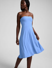 blue lightweight strapless midi length dress.