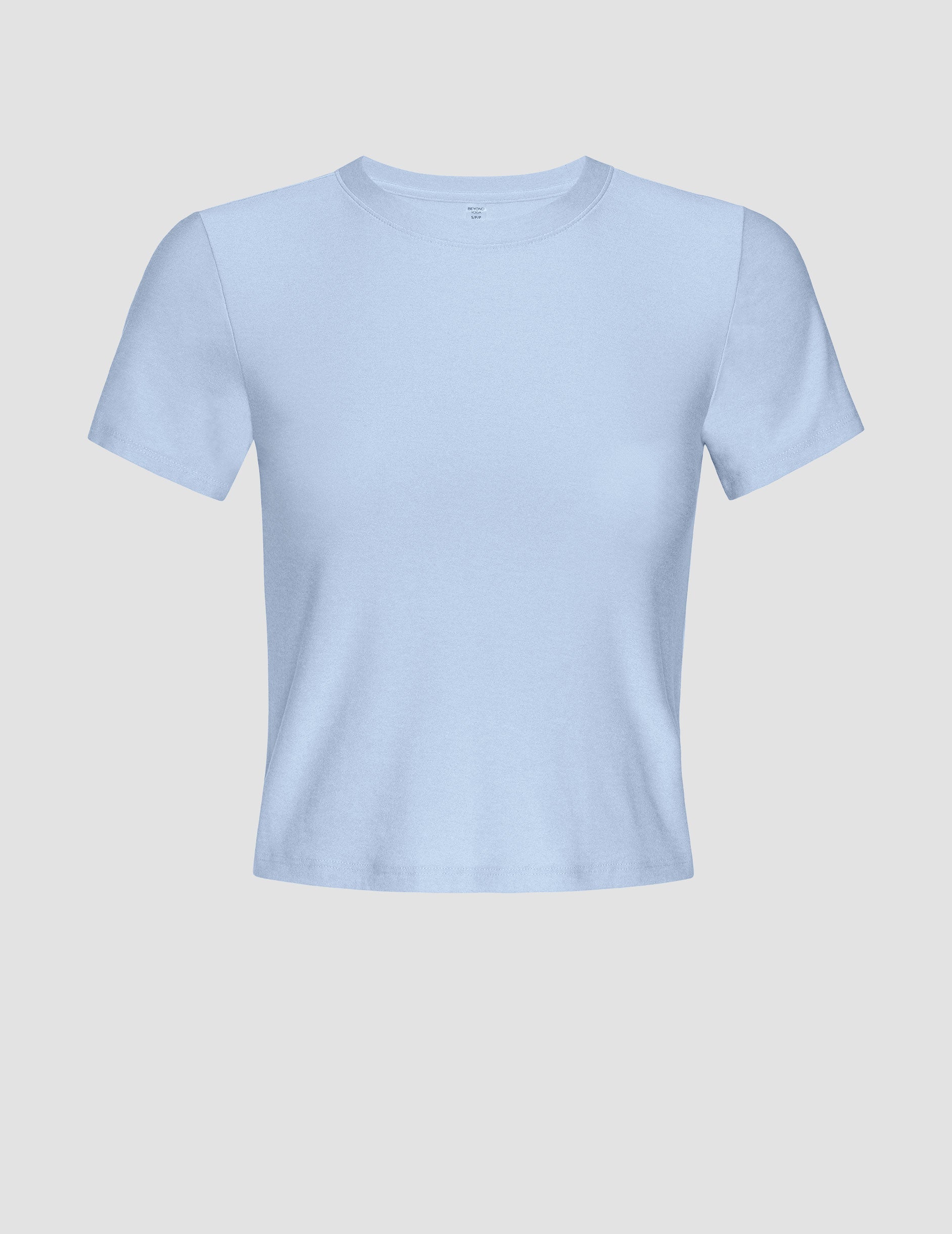 blue crew neck cropped top.
