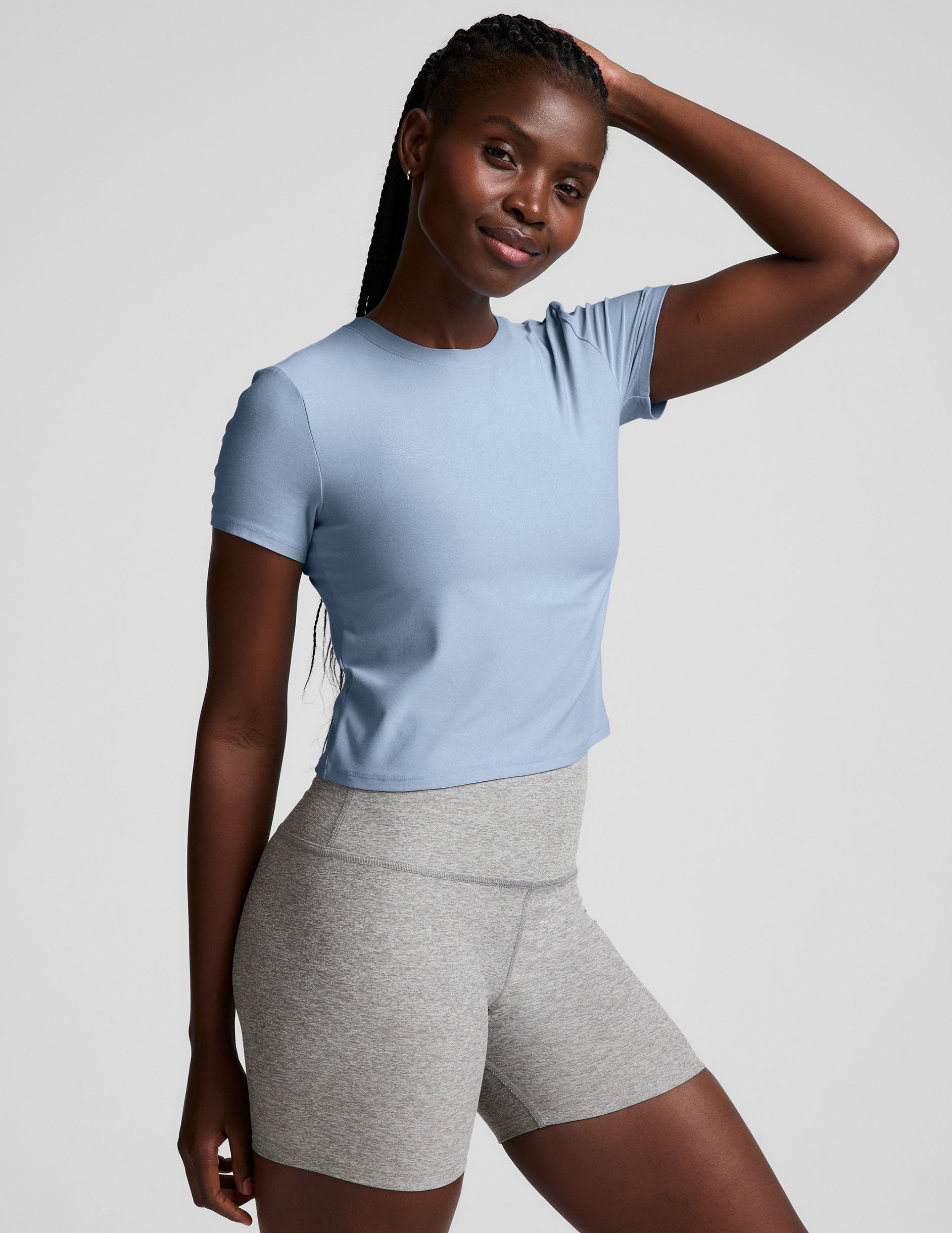 blue crew neck cropped top.