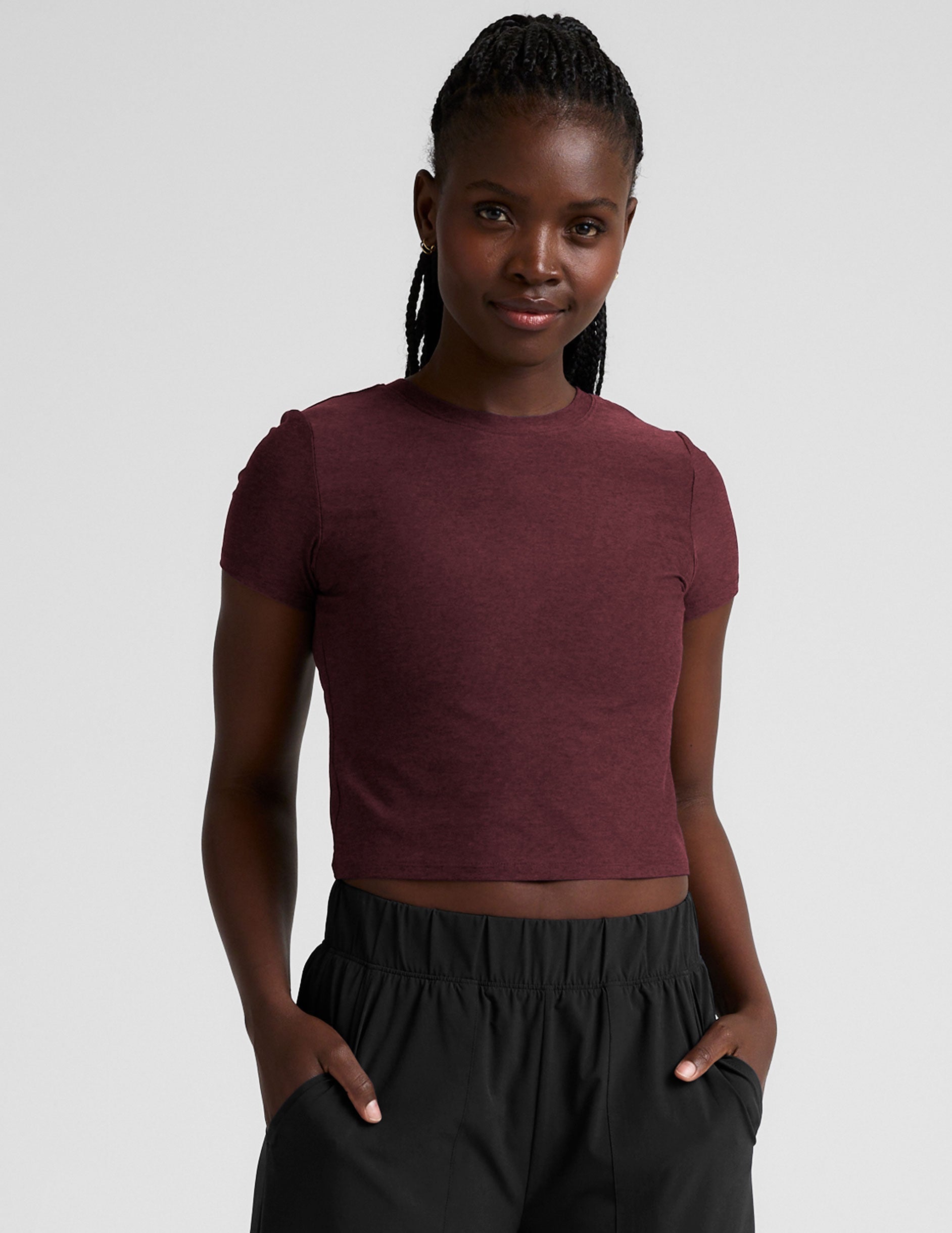 red lightweight cropped baby tee.