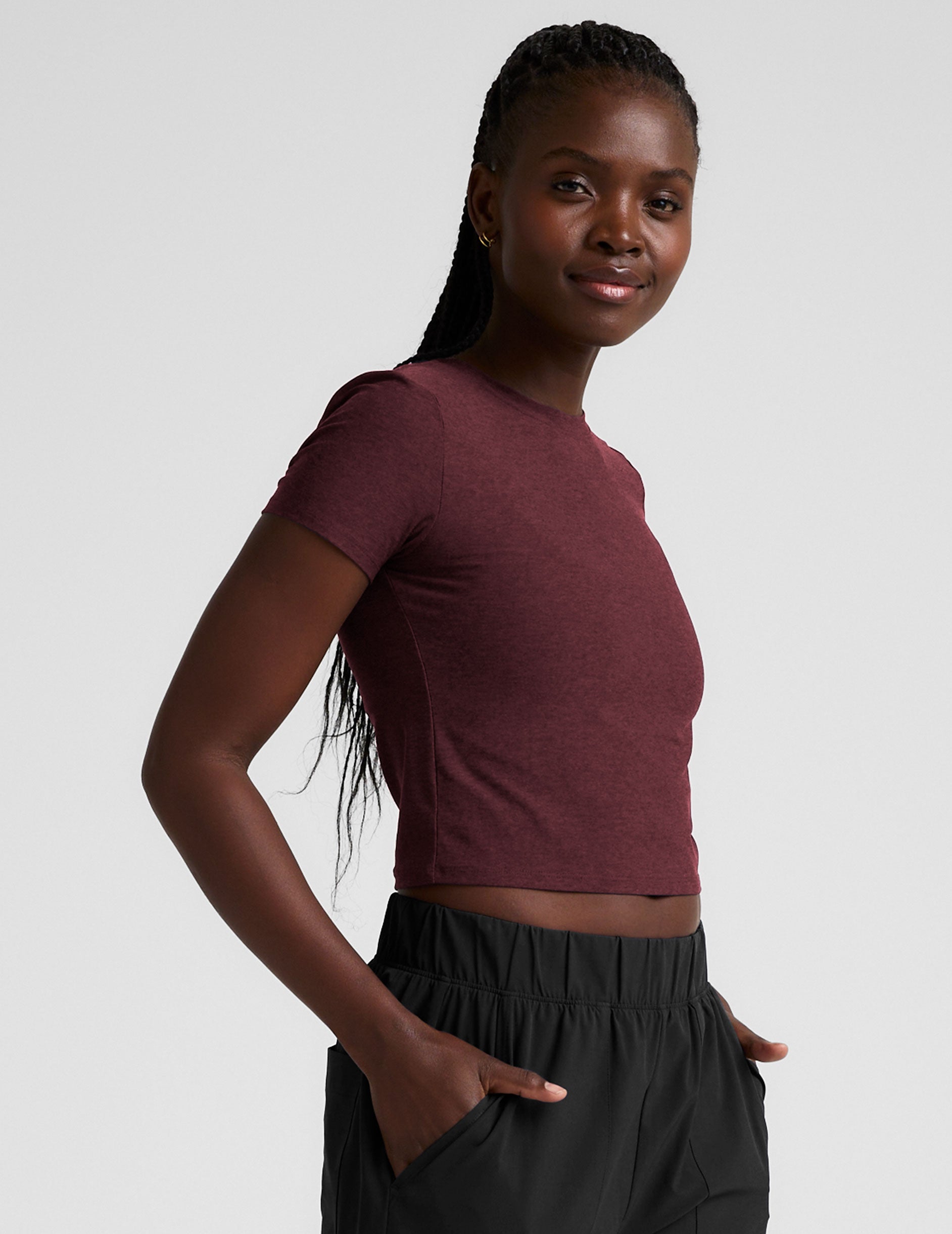 red lightweight cropped baby tee.