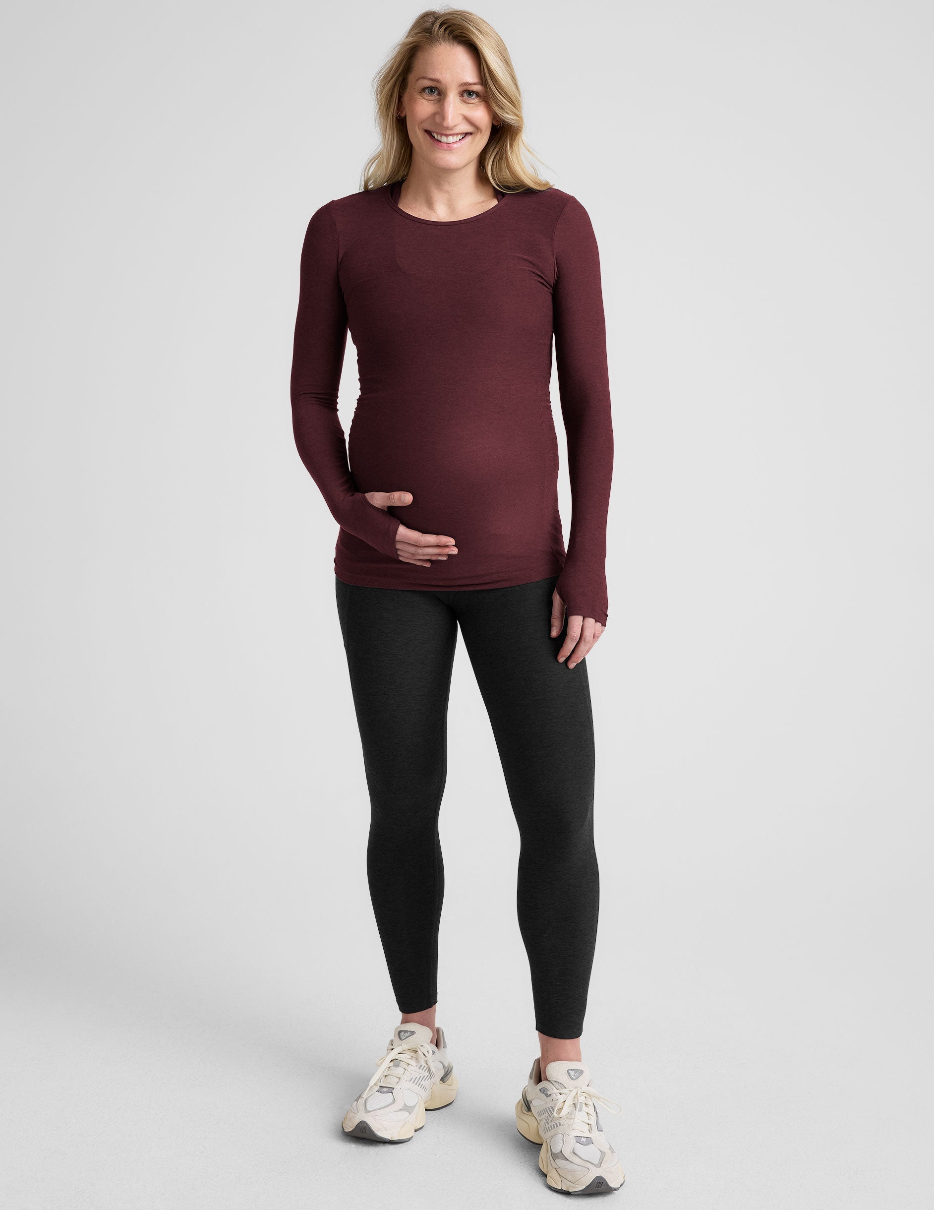 red maternity long sleeve crew neck top.