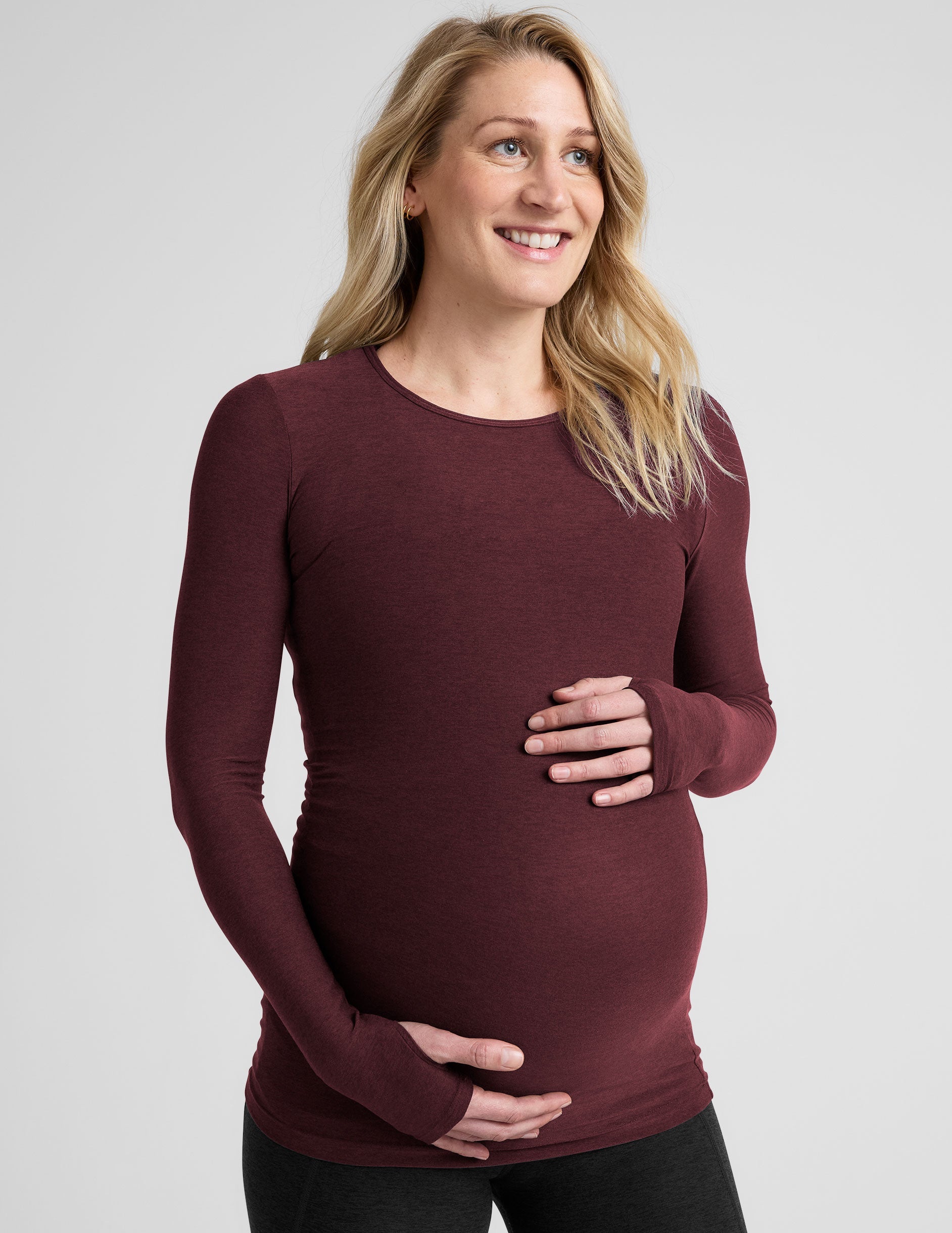 red maternity long sleeve crew neck top.
