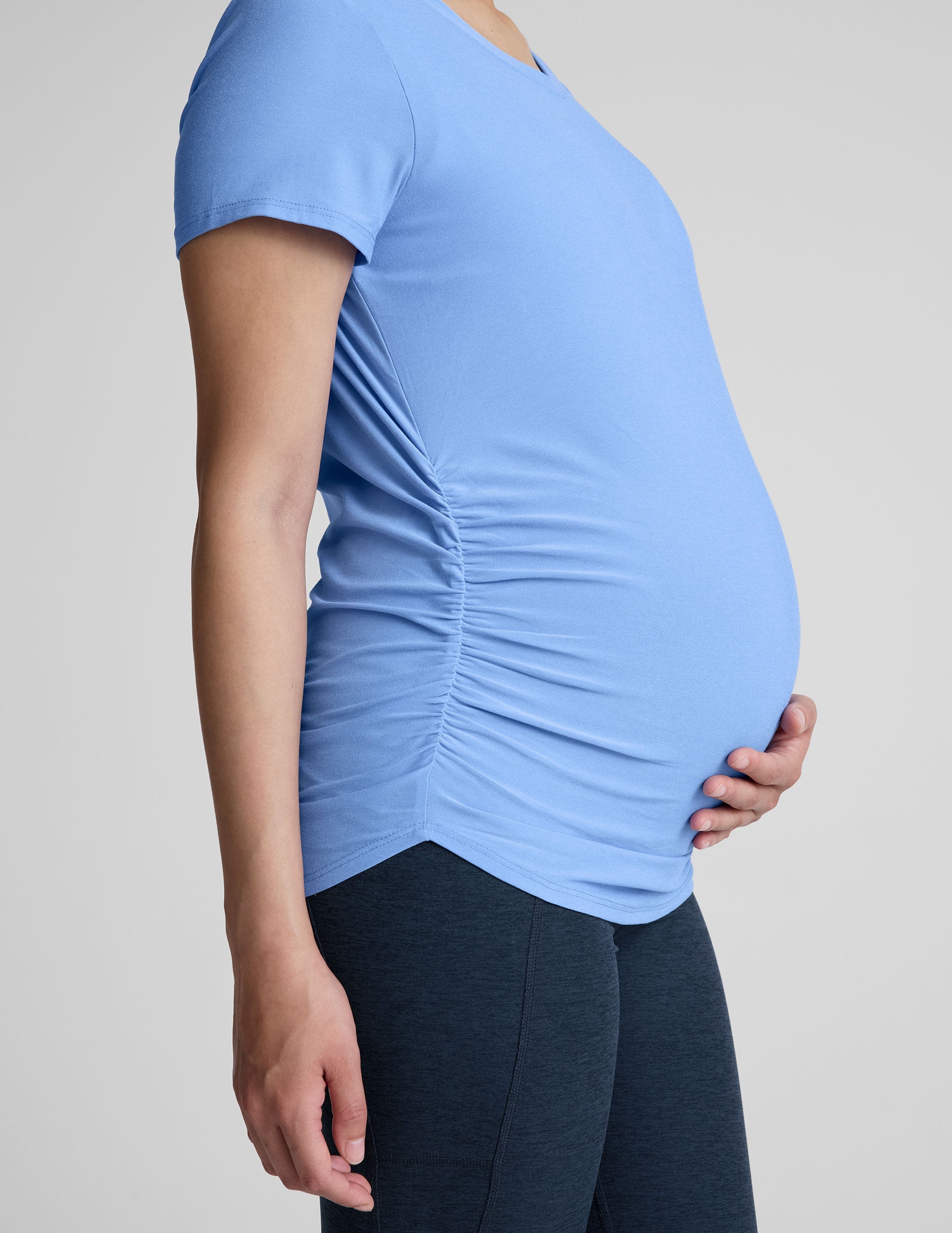 blue short sleeve maternity top.